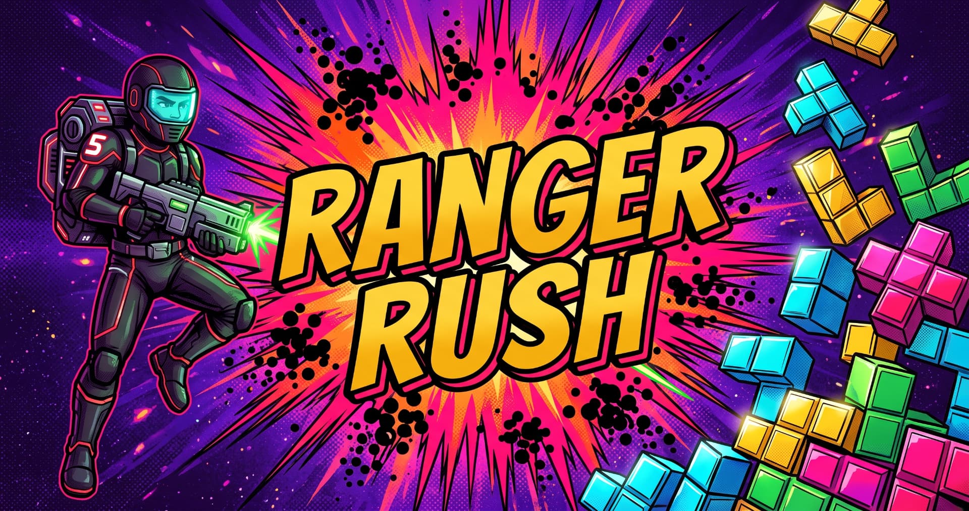 Ranger Rush title art: Ranger 5 fires a blaster toward falling puzzle blocks